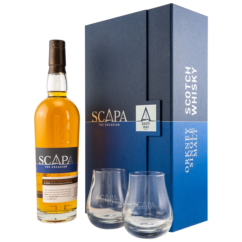 Cigarrenversand24 Scapa The Orcadian mit 2 Glaser als Geschenkset Geschenkset 700 ml Flasche mit 2 Glaser Zigarren kaufen gunstiger Tabak und Whisky online bestellen